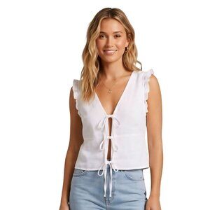 Joie NWT White Linen Ruffled Sleeveless Smocked Back Tie Front Top Size XL